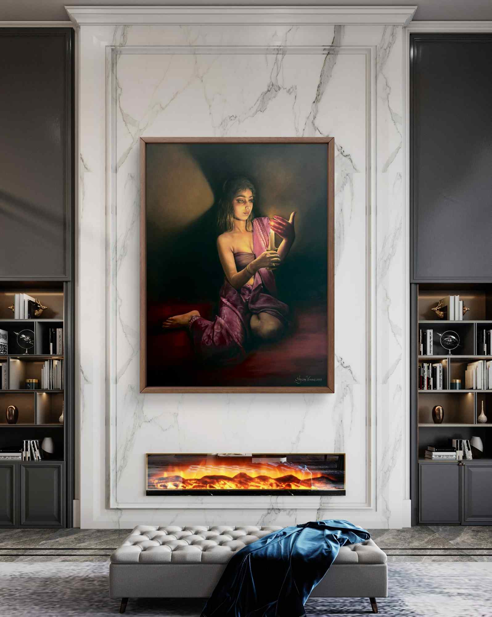 Beauty with Lamp, Oil painting, Realistic, Home decor, Wall decor, Artwork, Handpainted, Art, Painting, VistaPallette