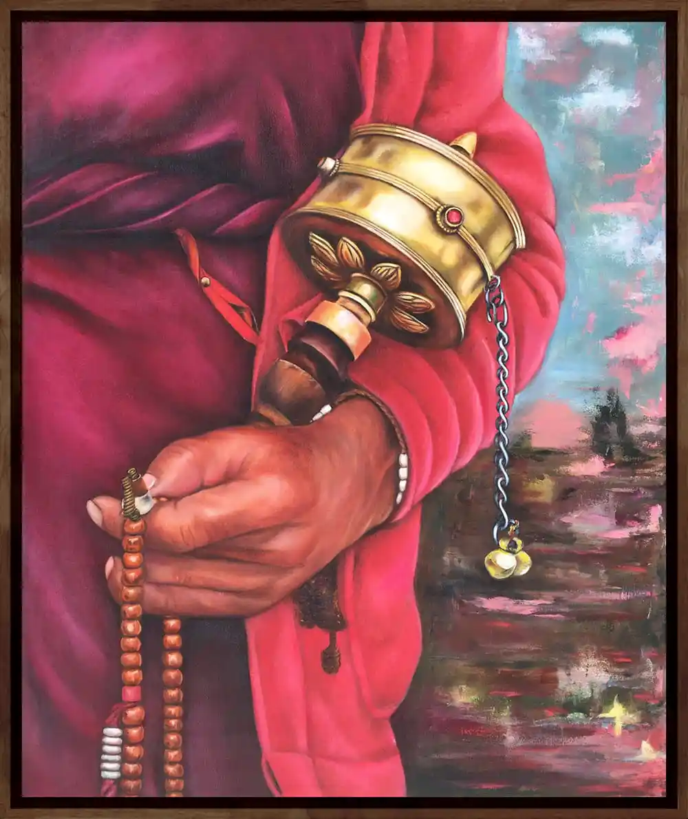 Monk and the Prayer Wheel, Mixed media art, Contemporary art, Prayer wheel, Handpainted, Art, Painting, VistaPallett